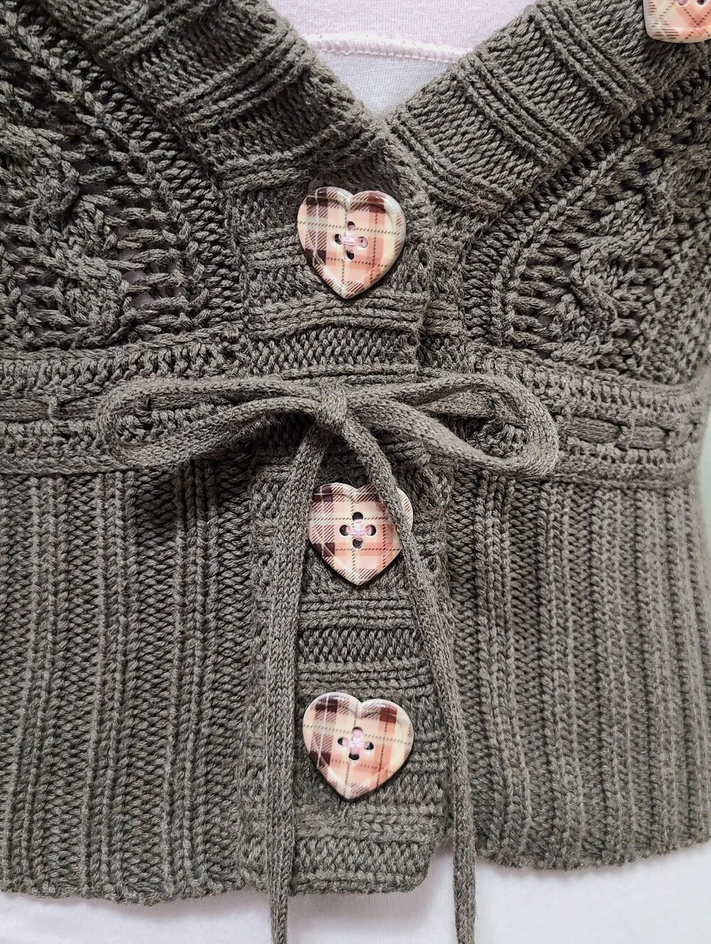 Vintage Abercrombie Brown Plaid Hearts Buttons Babydoll Sweater Furry Pom Poms - Picture 8 of 10